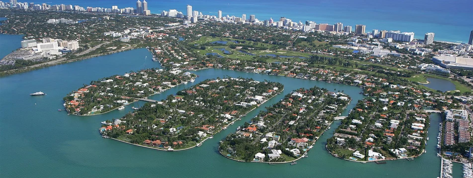 Aerial view of the four Sunset Islands and their bridge connections to Miami Beach
