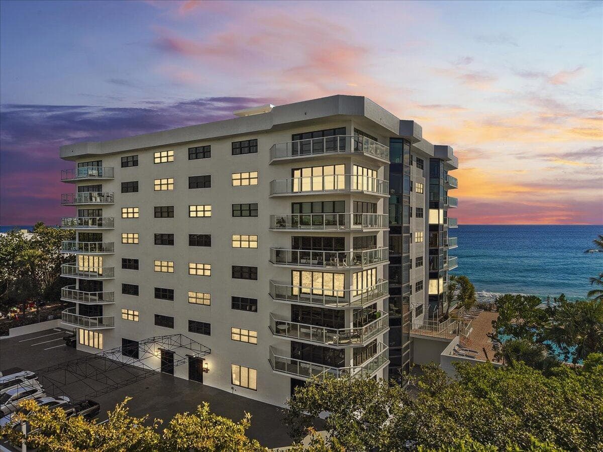 Oceanfront building at dusk