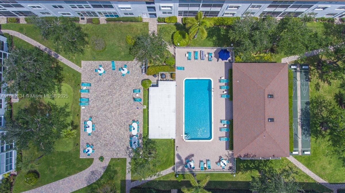 Aerial view of pool and courtyard area