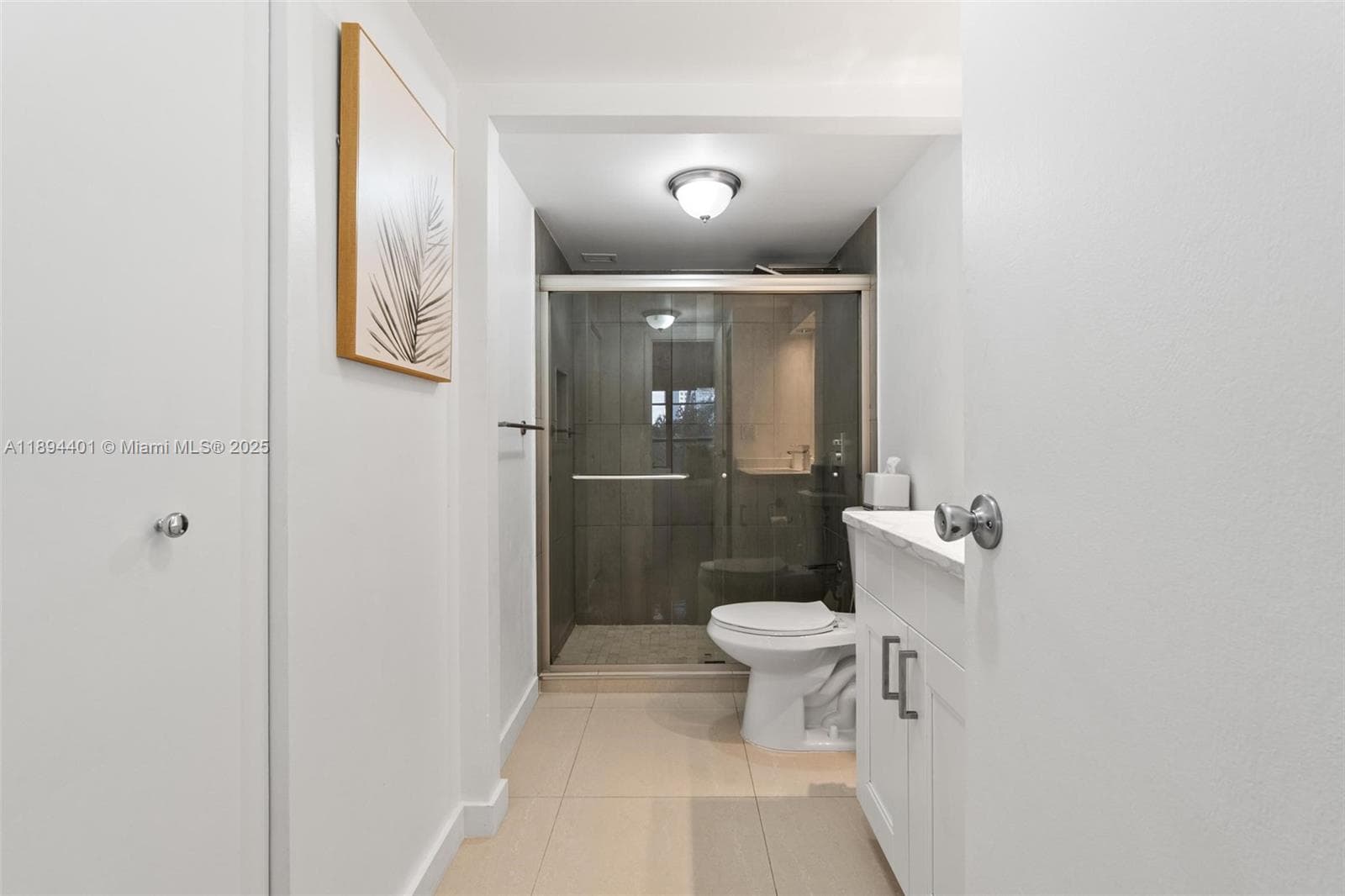 Master bath with walk-in shower and double linen / storage closets