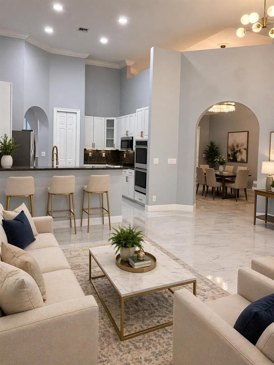 Family room with kitchen view