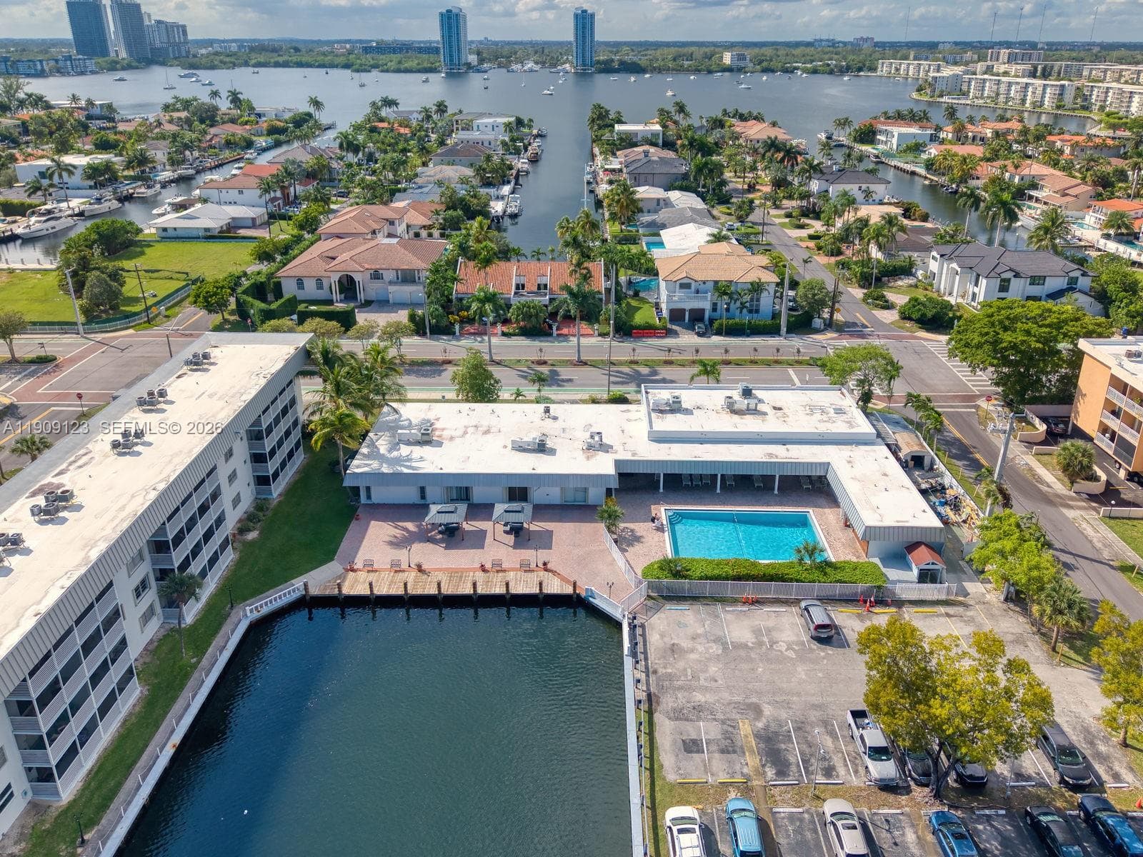 Aerial view showcasing proximity to Intracoastal, beaches, and shopping.