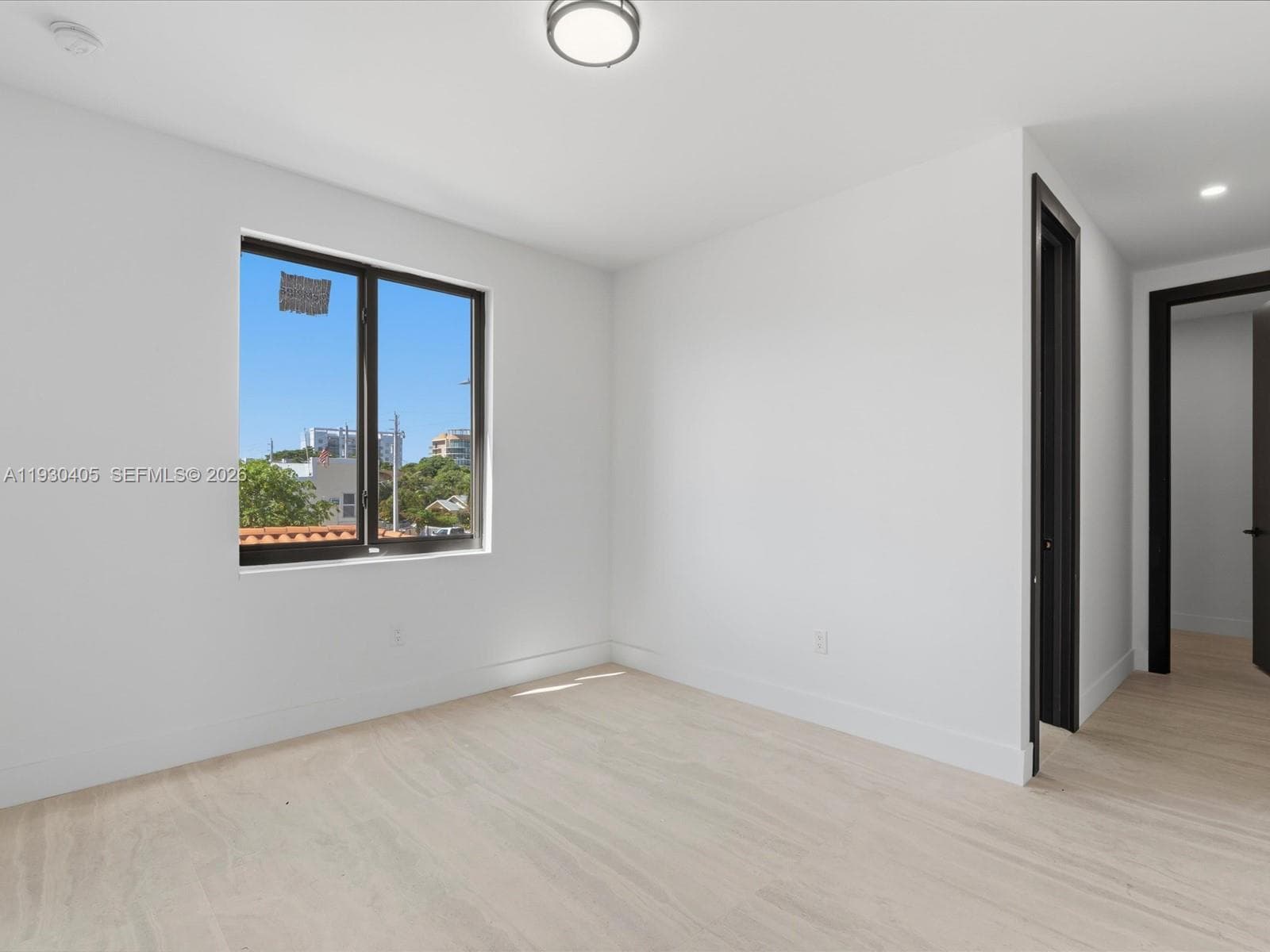Neutral interior featuring light-toned wood-finish flooring, crisp white walls, a multi-pane window with dark trim, and a ceiling-mounted flush-mount light fixture