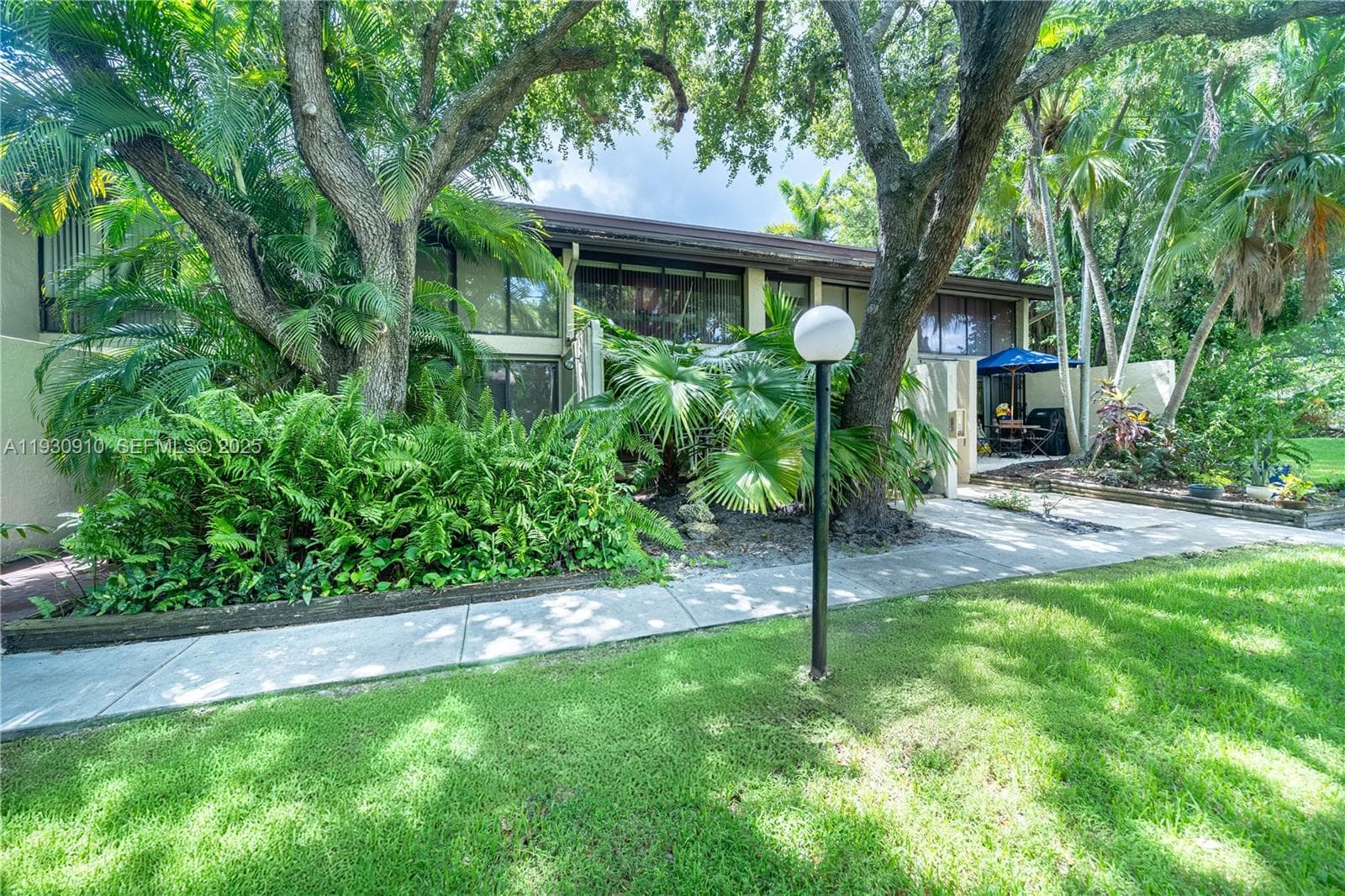 Across from the unit surrounded with majestic trees