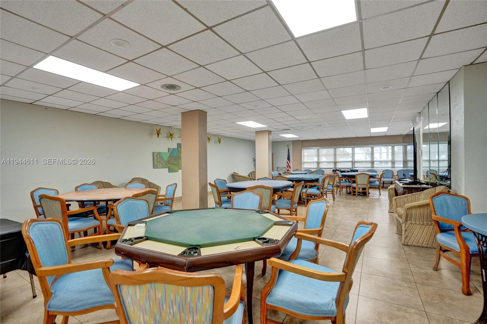 Poker tables, Card tables, bookshelves.