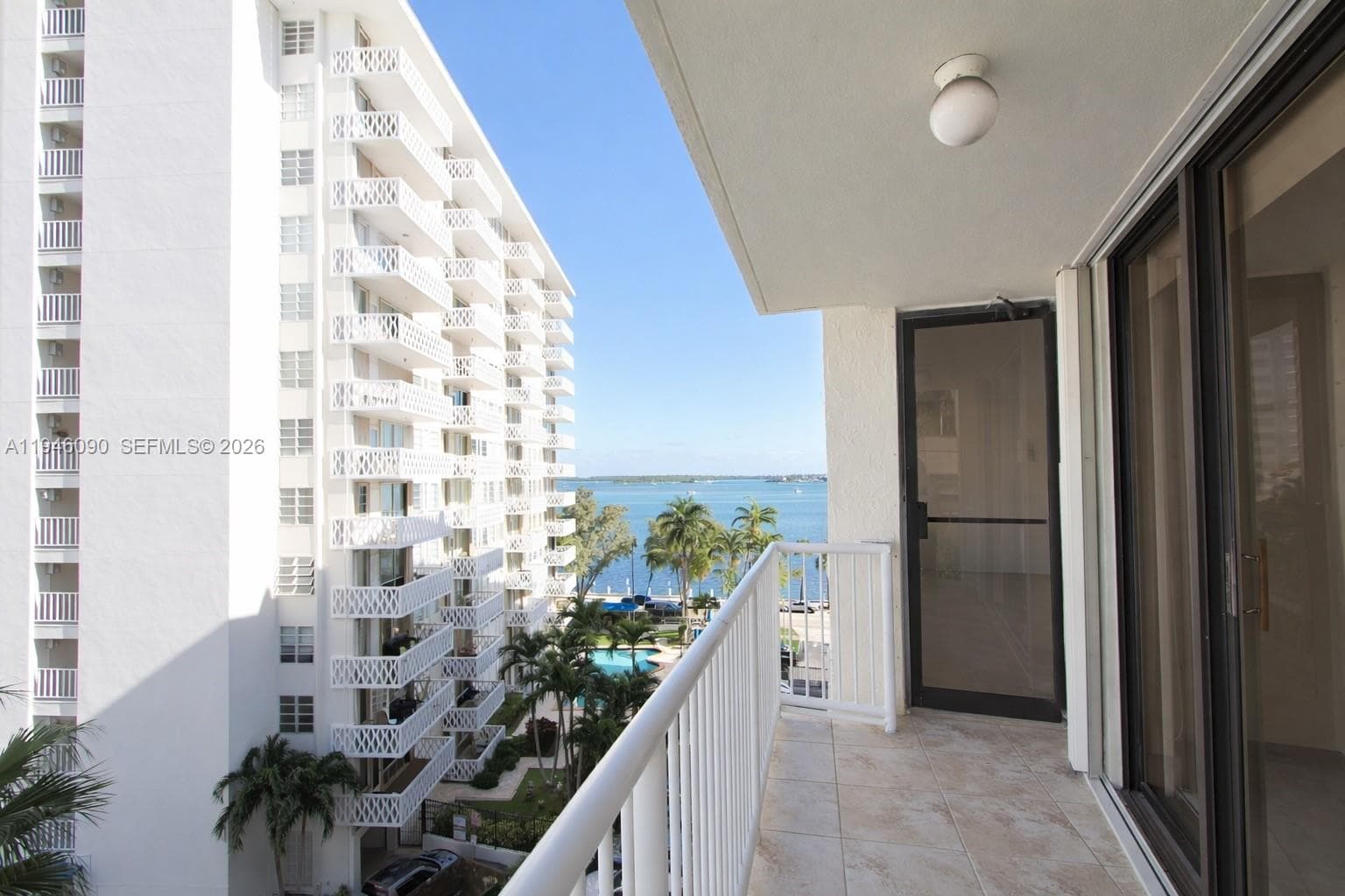 Balcony with city and bay views.