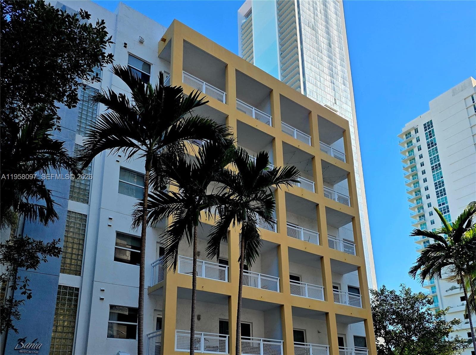 Front exterior view of boutique mid-rise building with tropical landscaping and palm trees.
