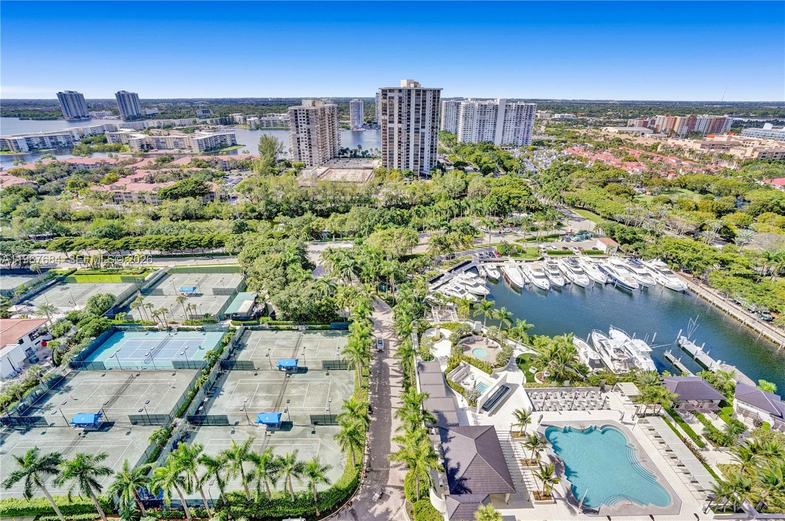 Marina, pool and tennis courts.