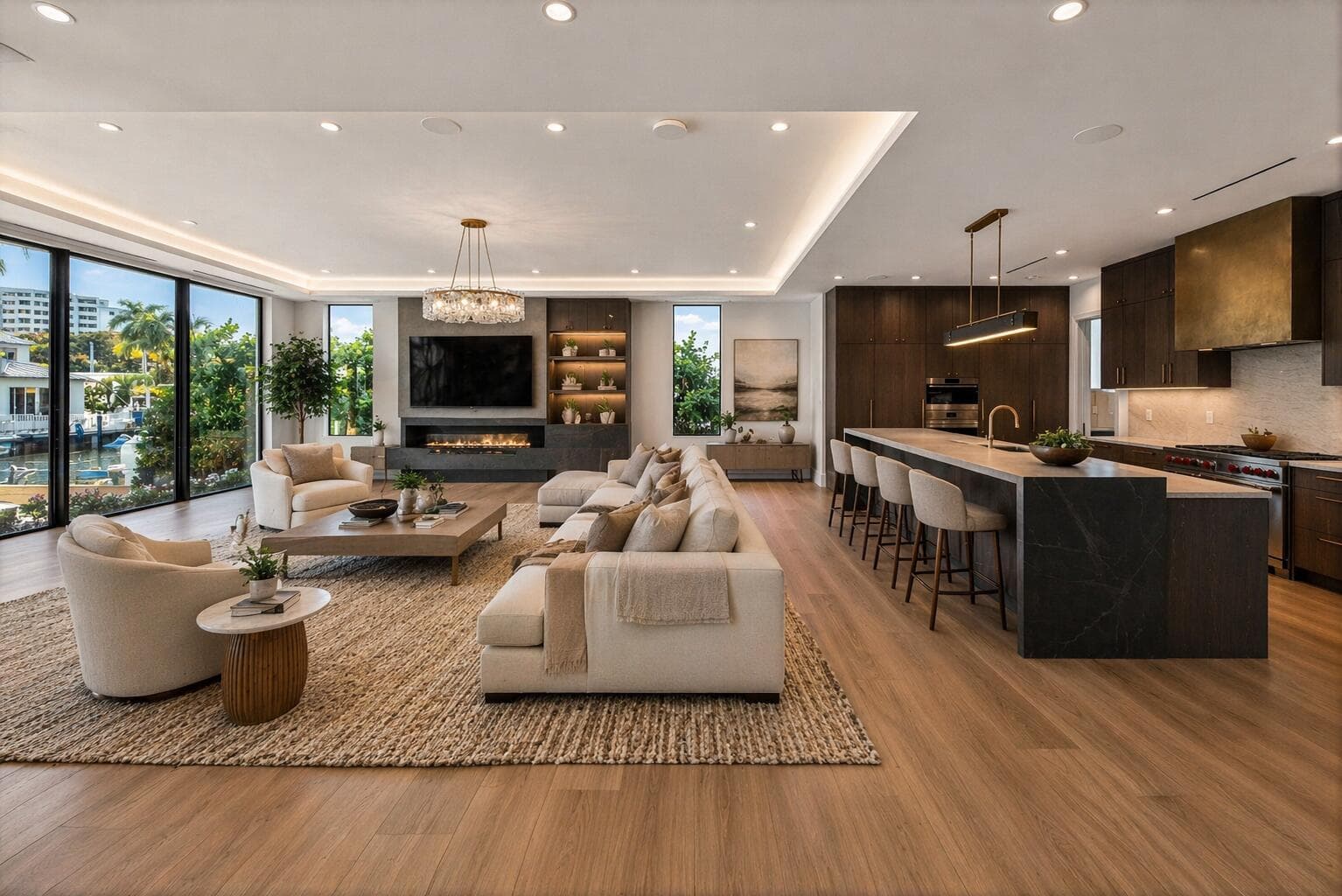 Modern waterfront living room ambiance