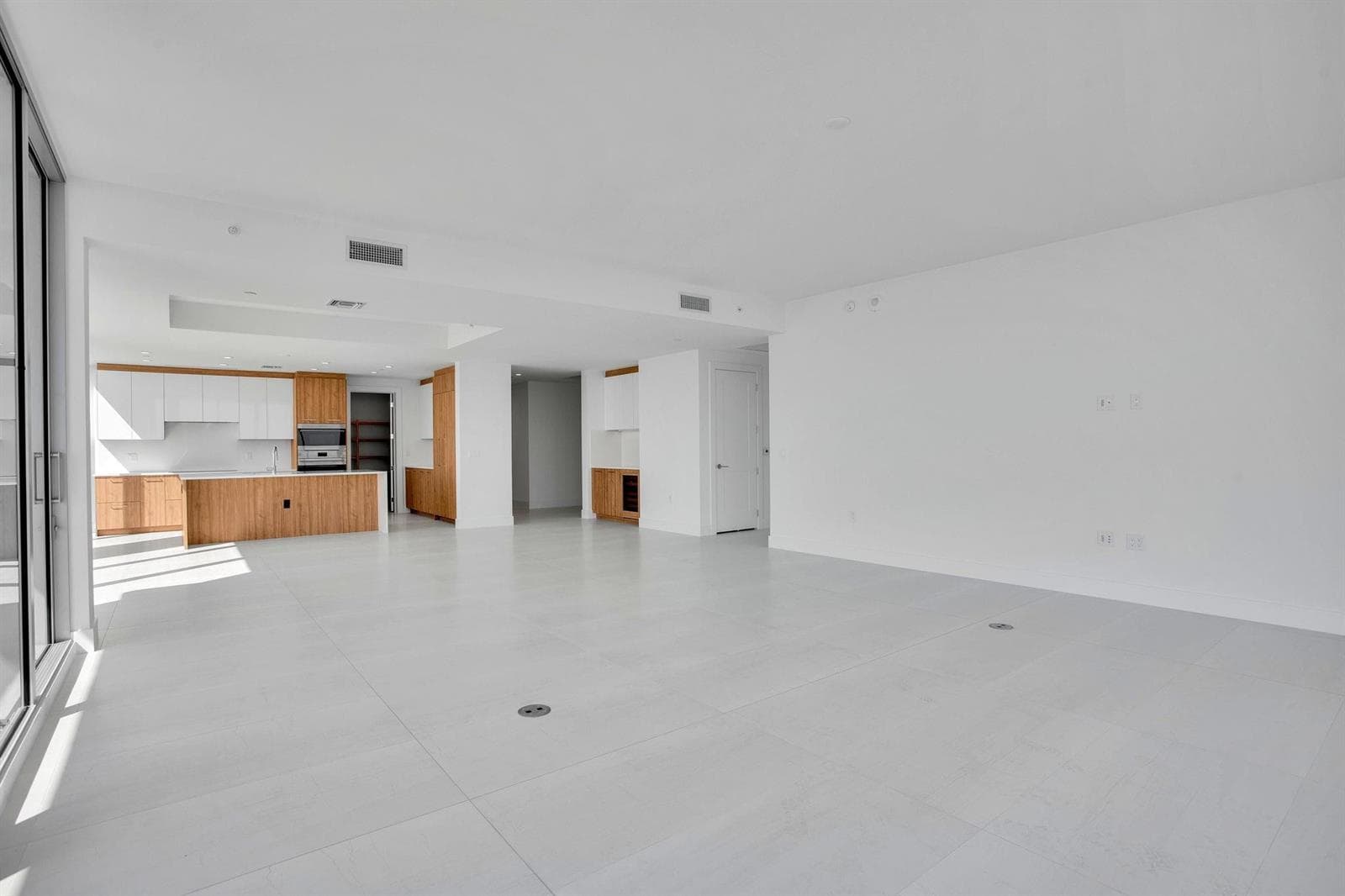 Kitchen, dining, and living area