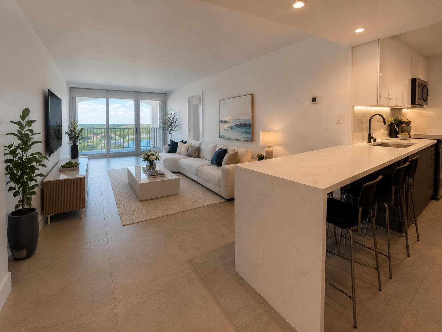 KITCHEN VIEW TO LIVING STAGED