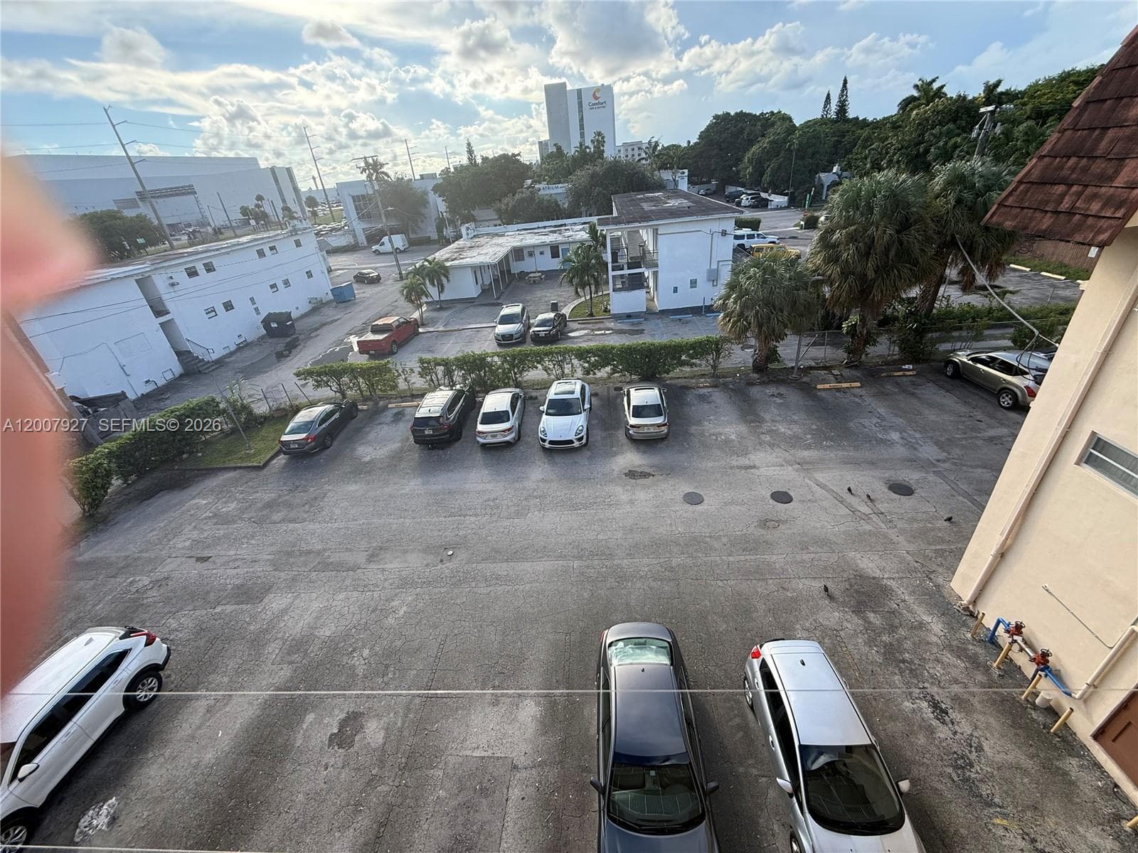 Paved asphalt parking area with marked stalls