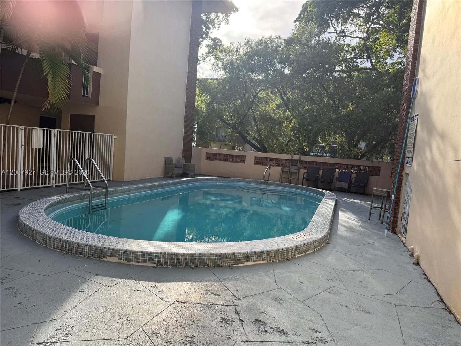 Oval swimming pool featuring a tiled waterline border, metal ladder access, and a concrete patio surround enclosed by a masonry perimeter wall