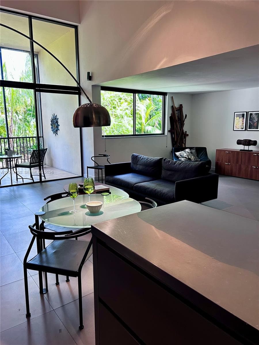 View from kitchen island into living room.