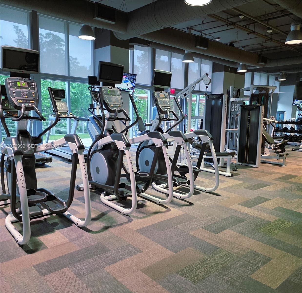 The well-equipped gym includes premium Matrix rowing and stationary cycling machines set against contemporary design accents.