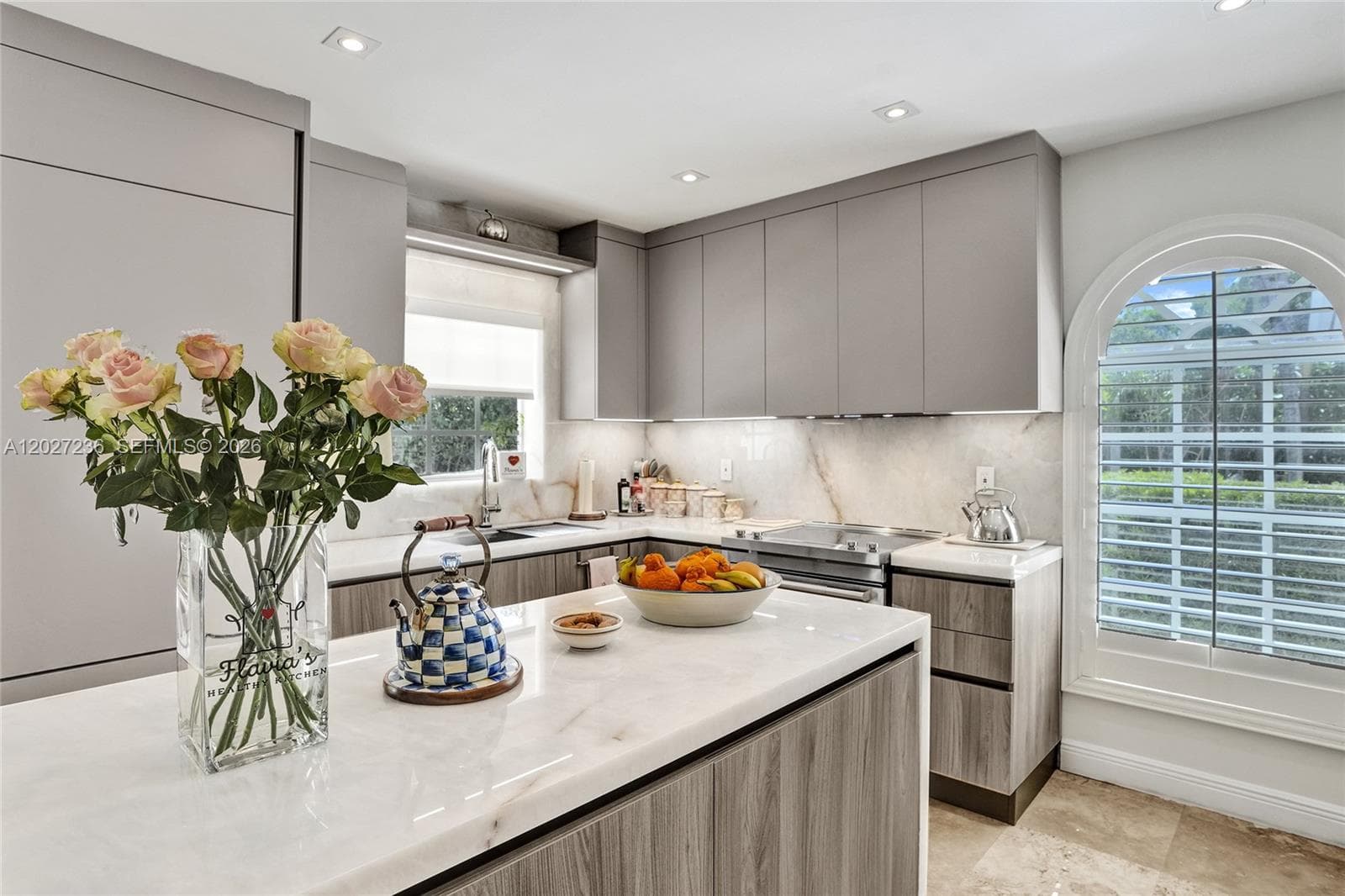 Kitchen has Quartzite countertops.