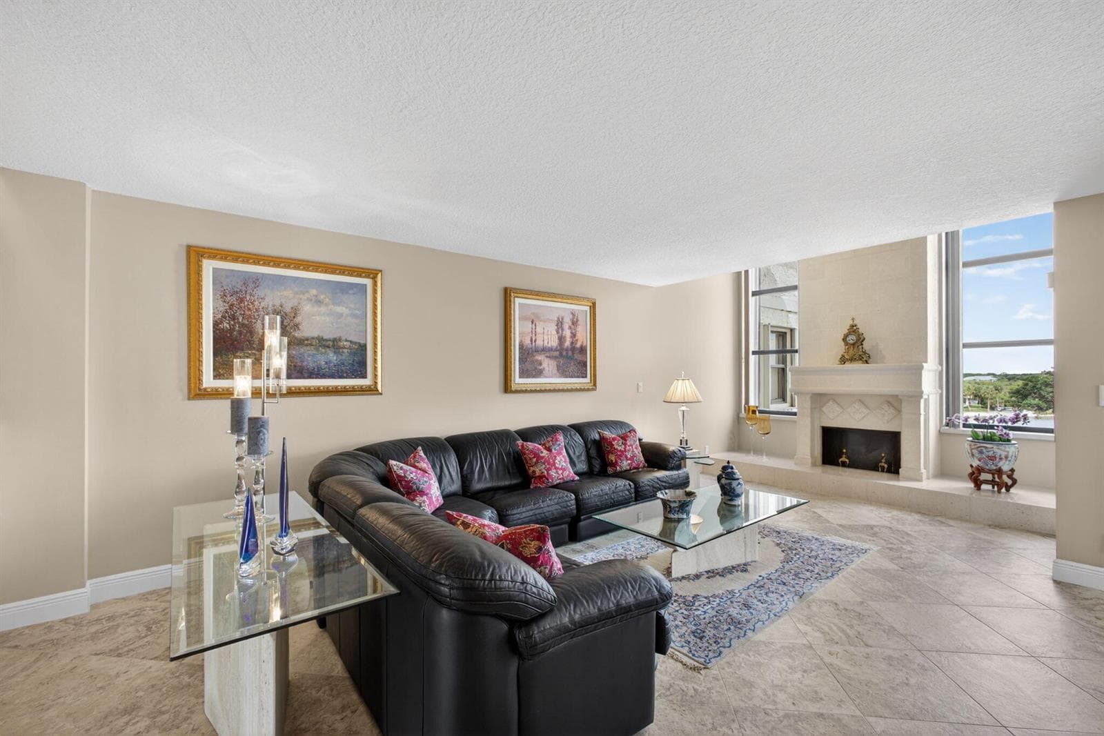 Living Room with wood burning fireplace