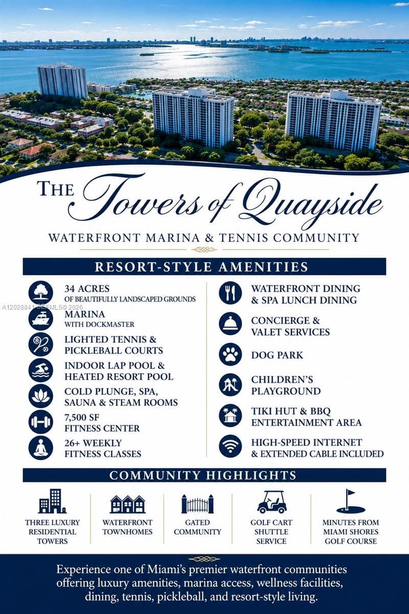 Discover the exceptional amenities offered in the Tower of Quayside gated waterfront marina and tennis & pickleball community. Experience a lifestyle of luxury and leisure right at your doorstep.