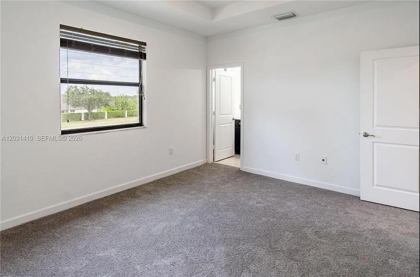 Interior room featuring a tray ceiling, neutral wall-to-wall carpeting, single-hung window with horizontal blinds, and multi-panel doors