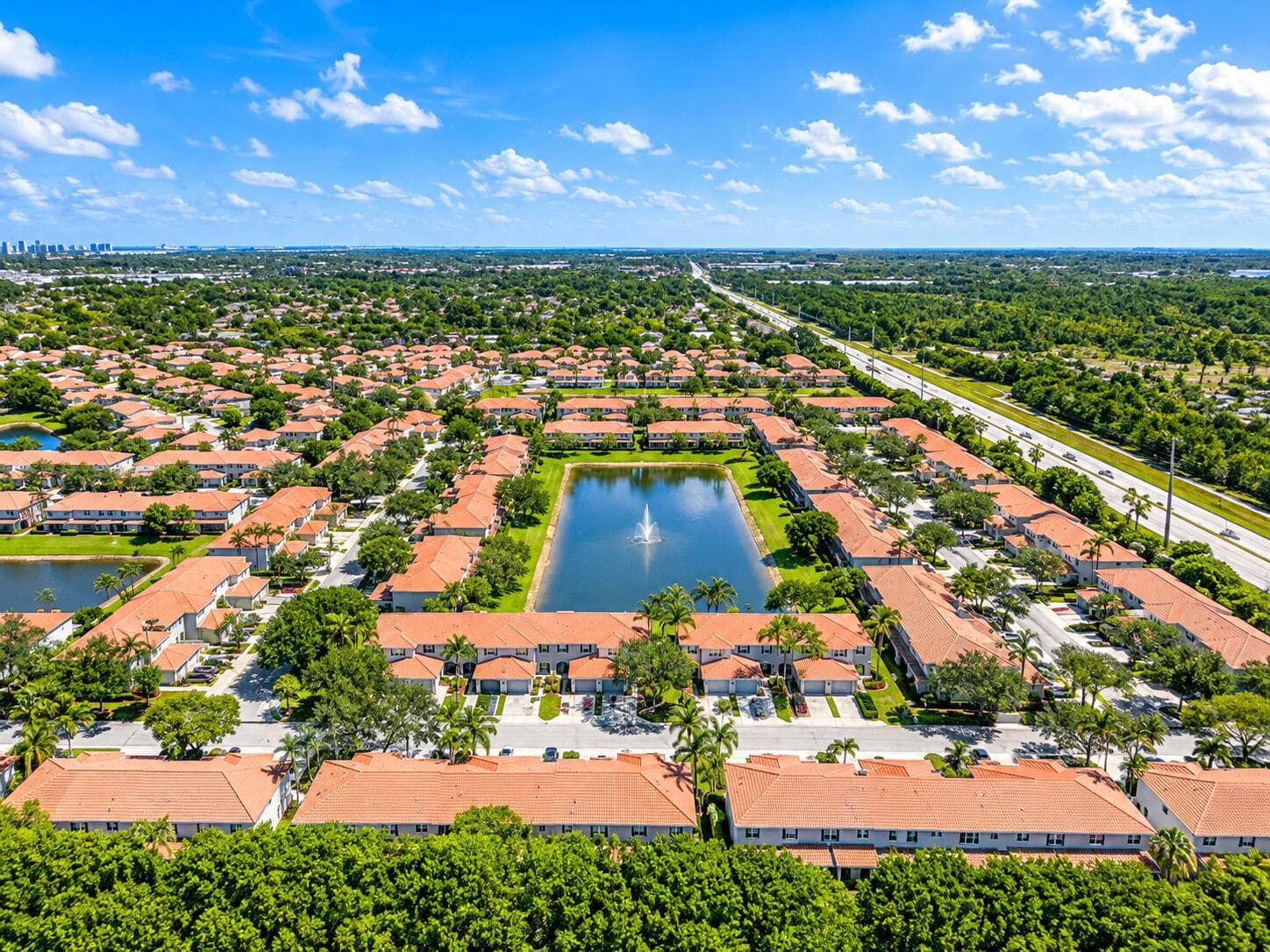 Sunny Suburban Community Around a Pond