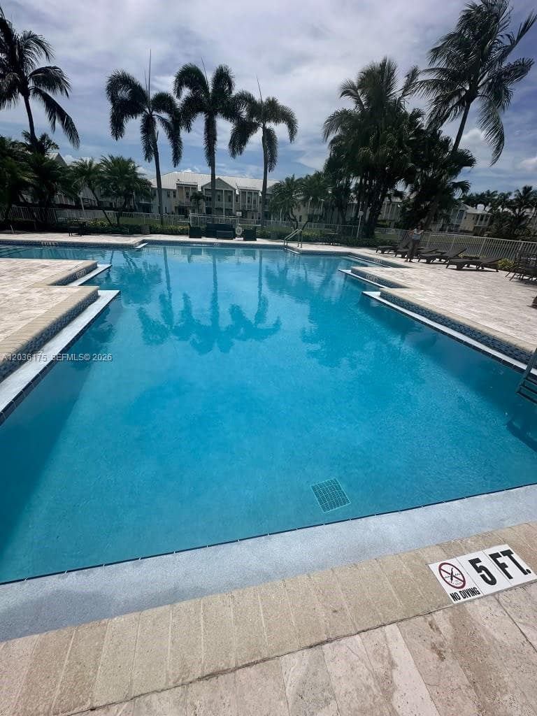 Rectangular swimming pool featuring stone-paver decking, metal perimeter fencing, and mature palm trees