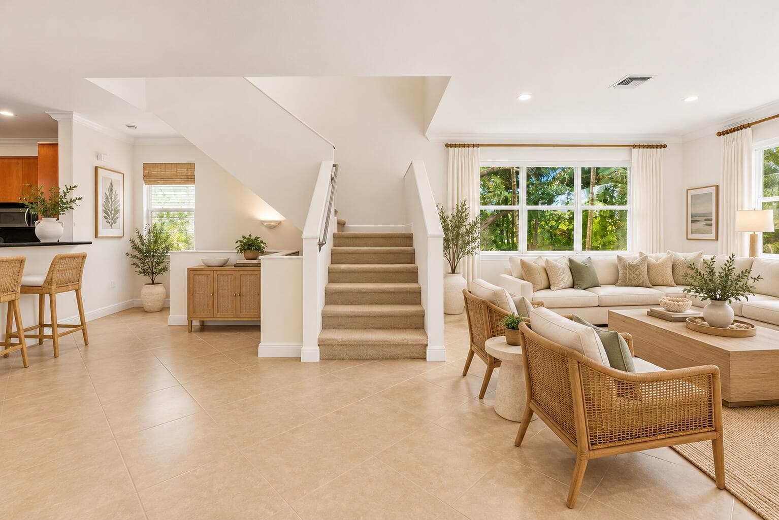 Coastal Neutral Living Room and Staircas
