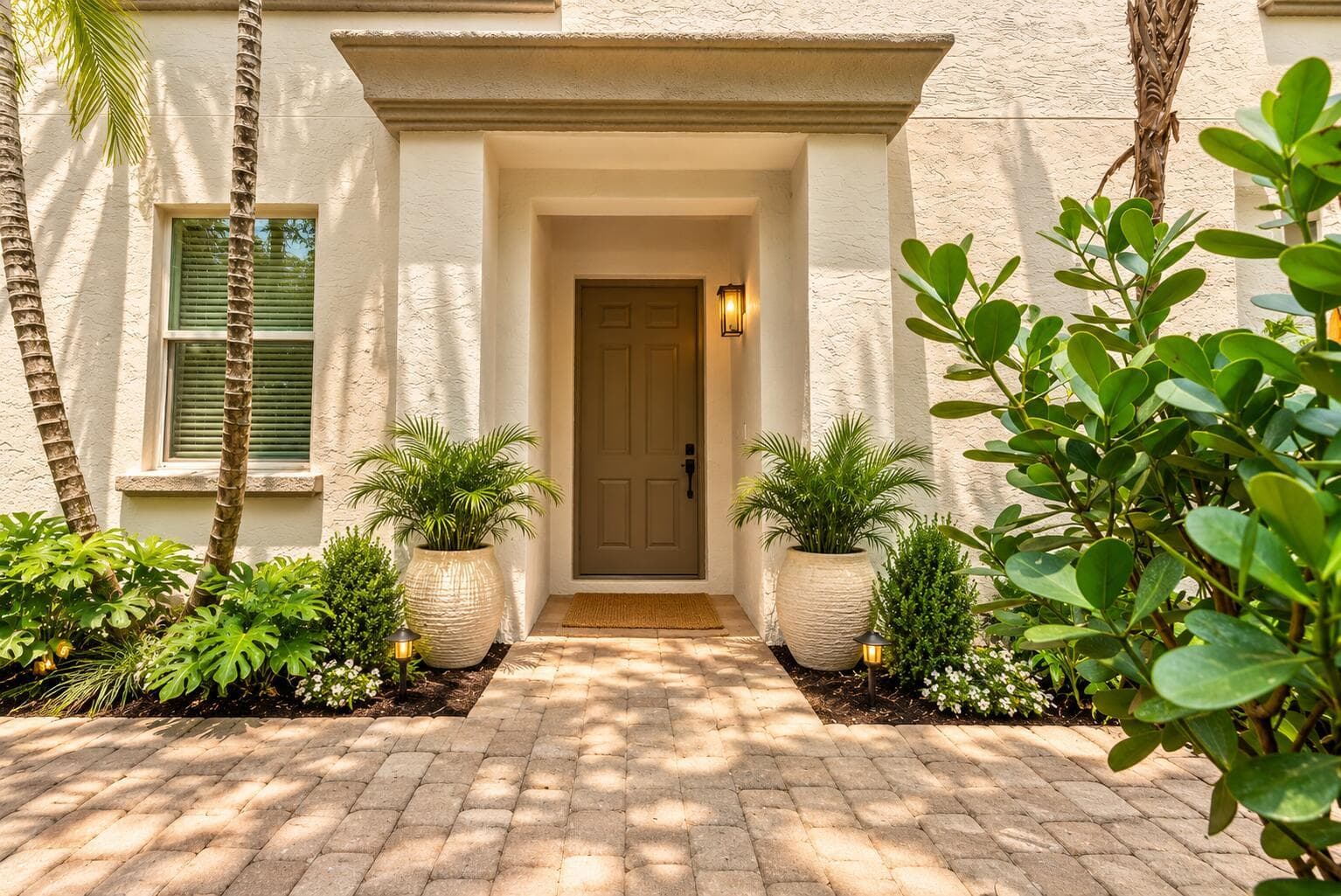 Tropical Stucco Entryway with Palms