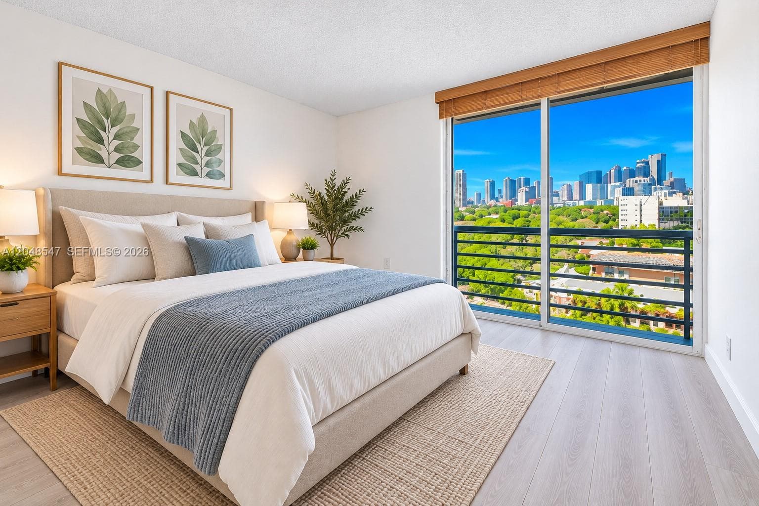 Full-height sliding glass doors with balcony access, wood-finish flooring, and expansive city skyline scenery