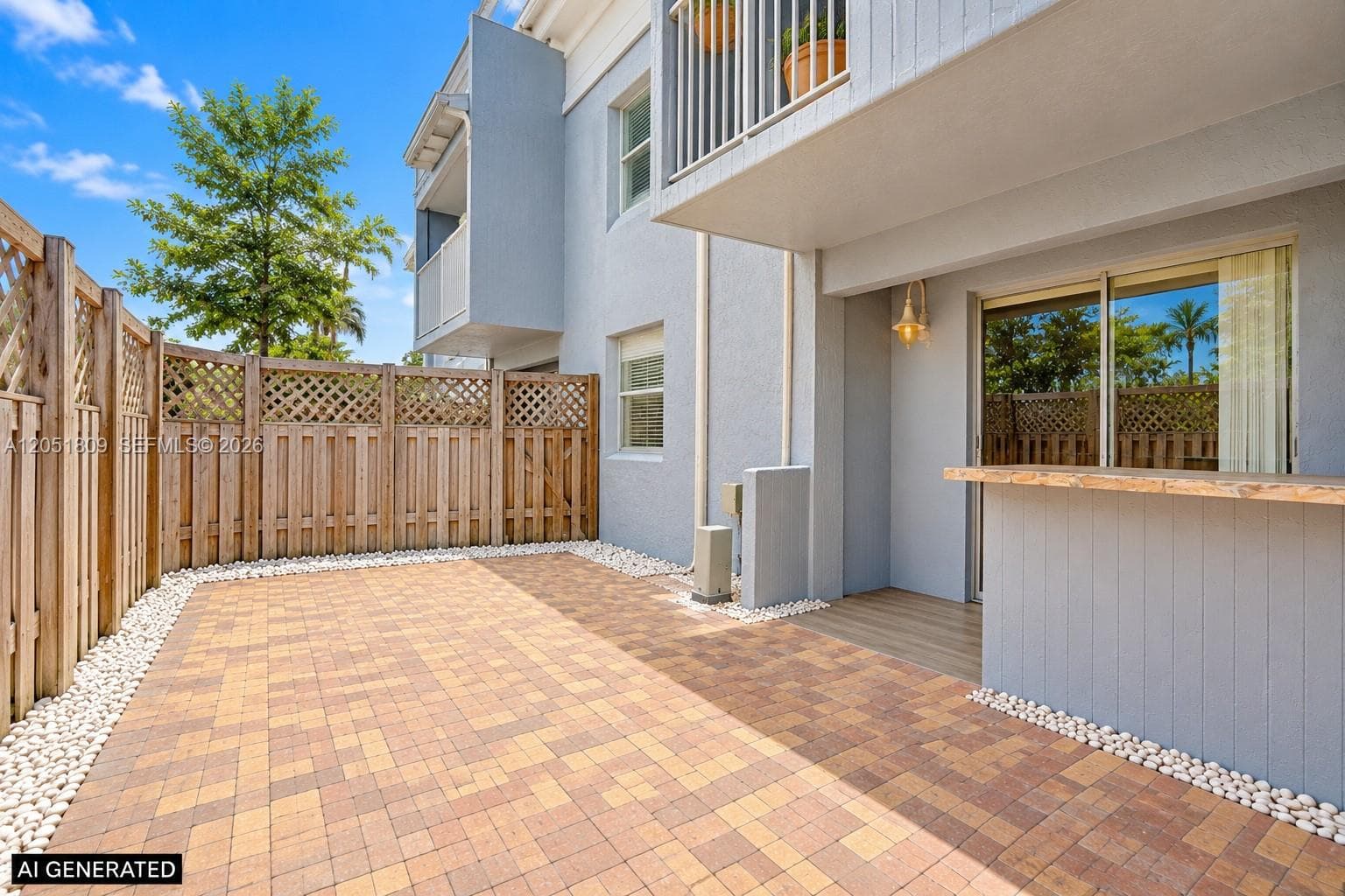 Paver patio featuring a built-in exterior bar, wood-slat privacy fencing with lattice detail, a second-story balcony with metal railing, and decorative stone border accents