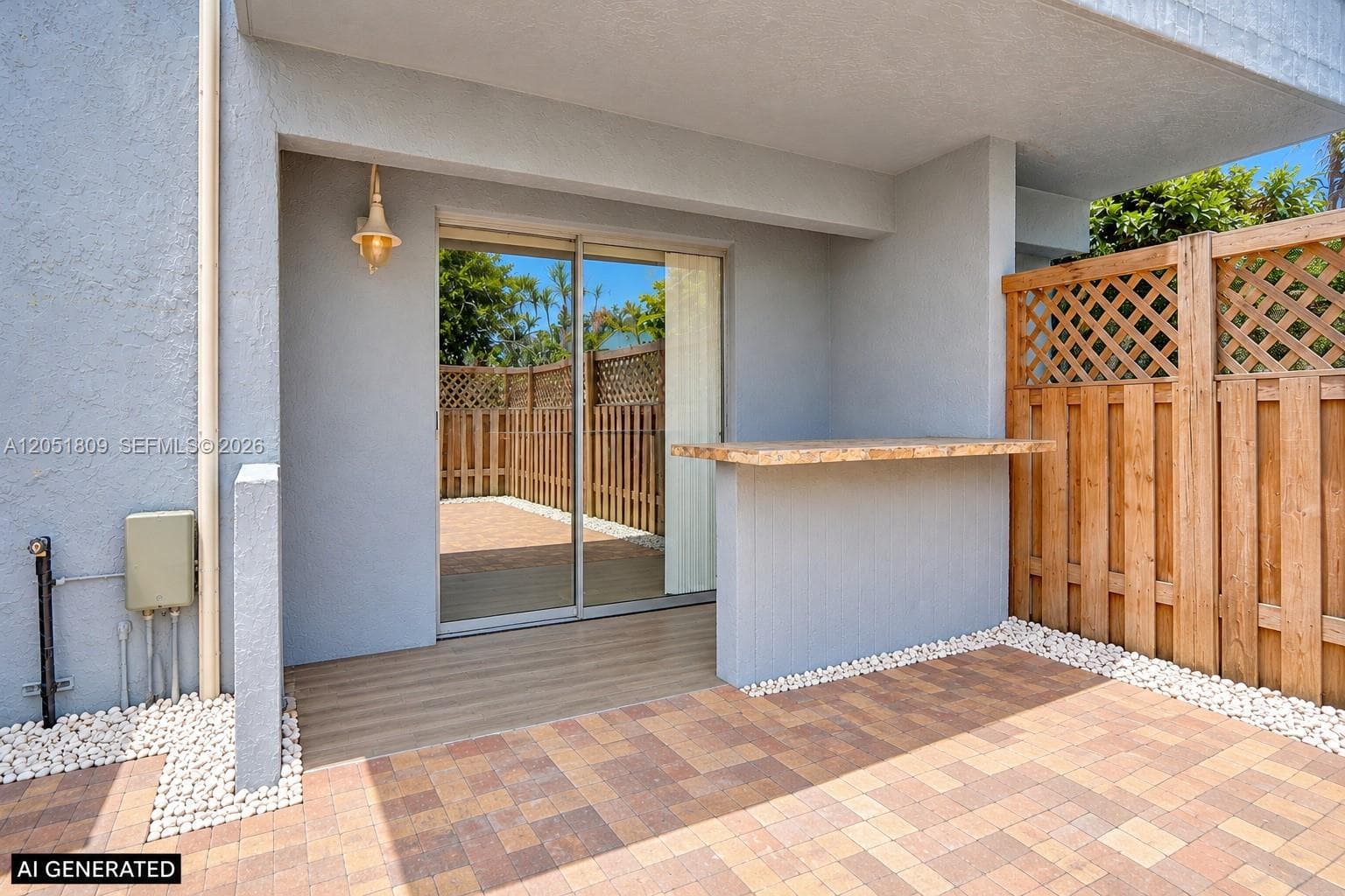 Private patio featuring paver hardscaping, built-in stone-top bar, wood-finish decking, and wood lattice privacy fencing