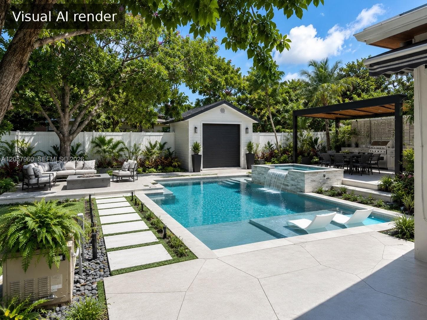 Backyard oasis featuring an in-ground pool with a spillover spa, baja shelf, stone-finish decking, and an outdoor kitchen pavilion