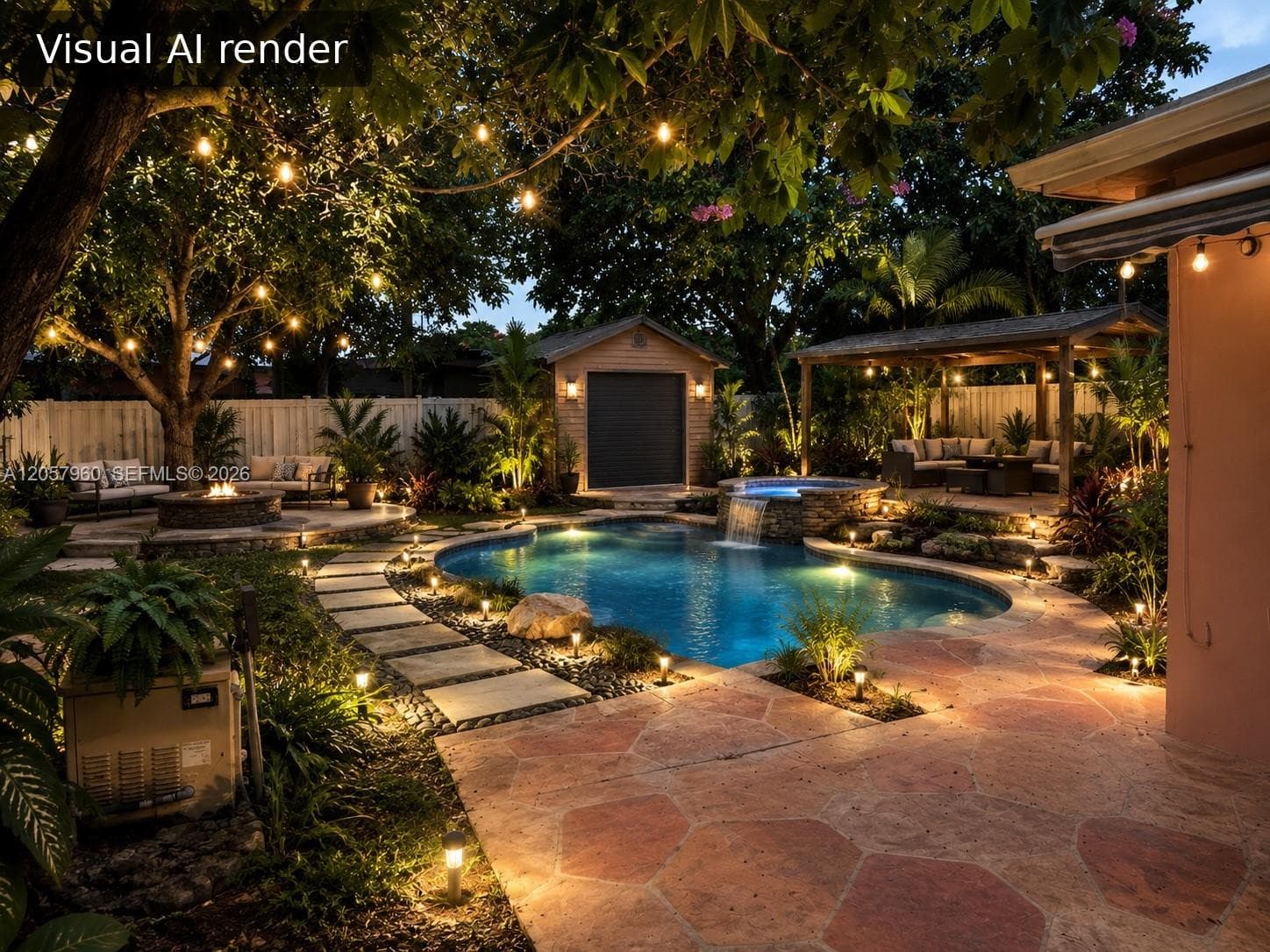 Backyard area featuring an in-ground swimming pool with an integrated waterfall feature, expansive stone paver hardscaping, a detached structure, and a covered timber-framed pergola
