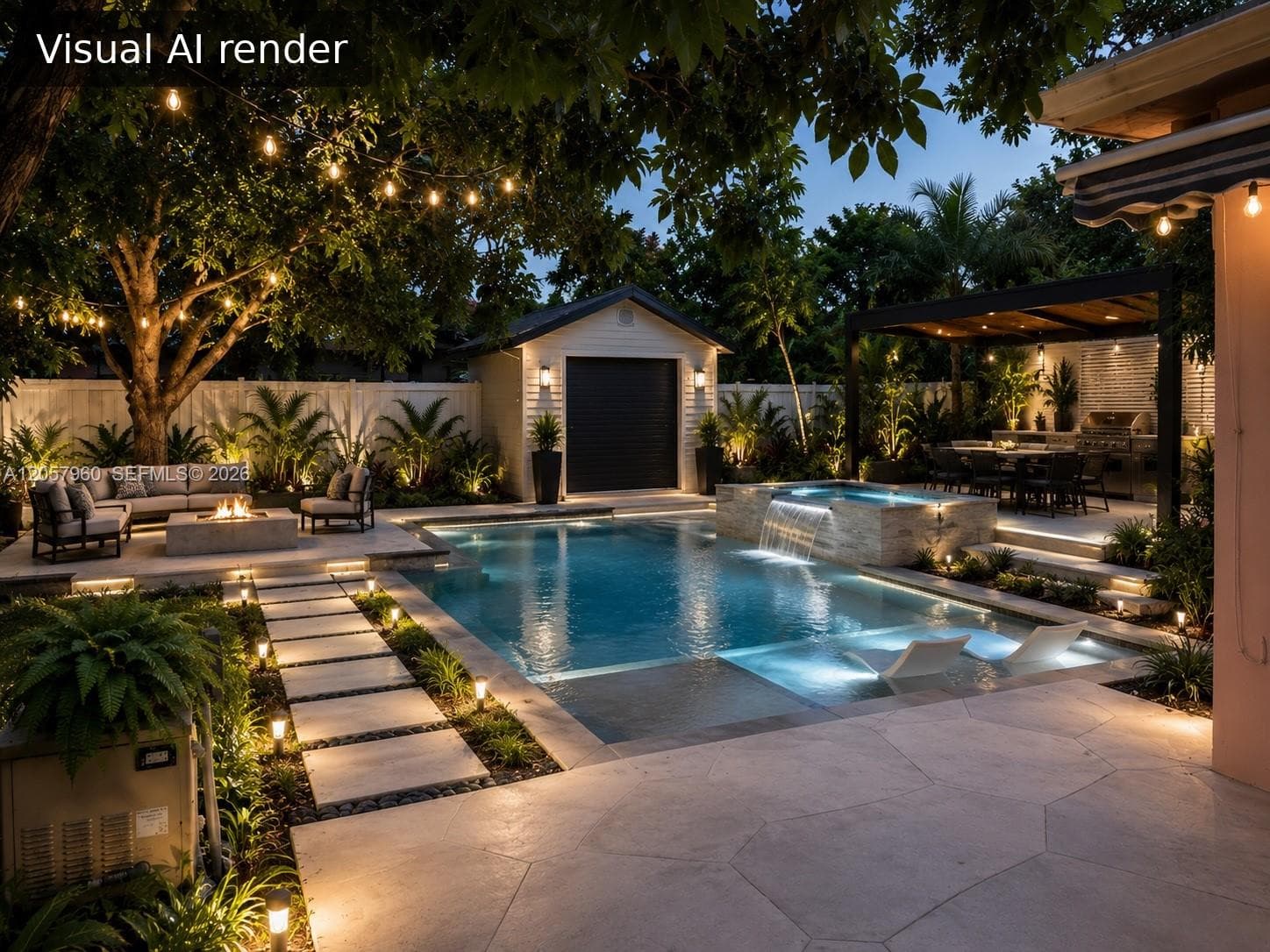 Backyard featuring an in-ground swimming pool with a raised spa and water feature, natural stone patio, detached garage, and a timber-frame pergola