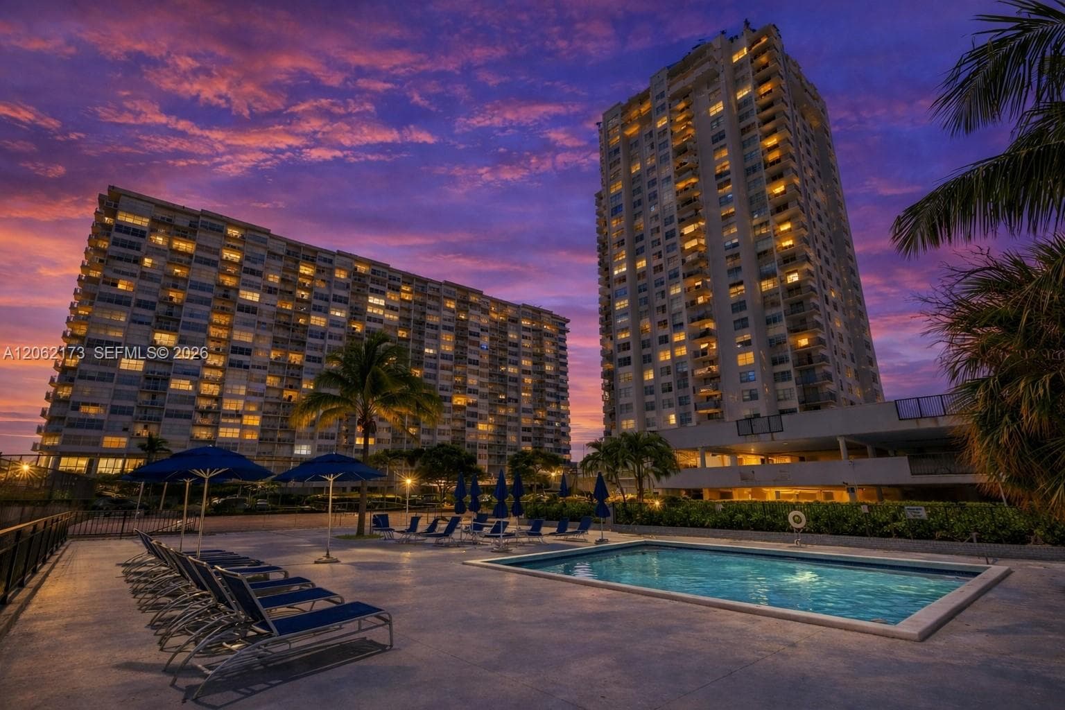 Community pool at dusk