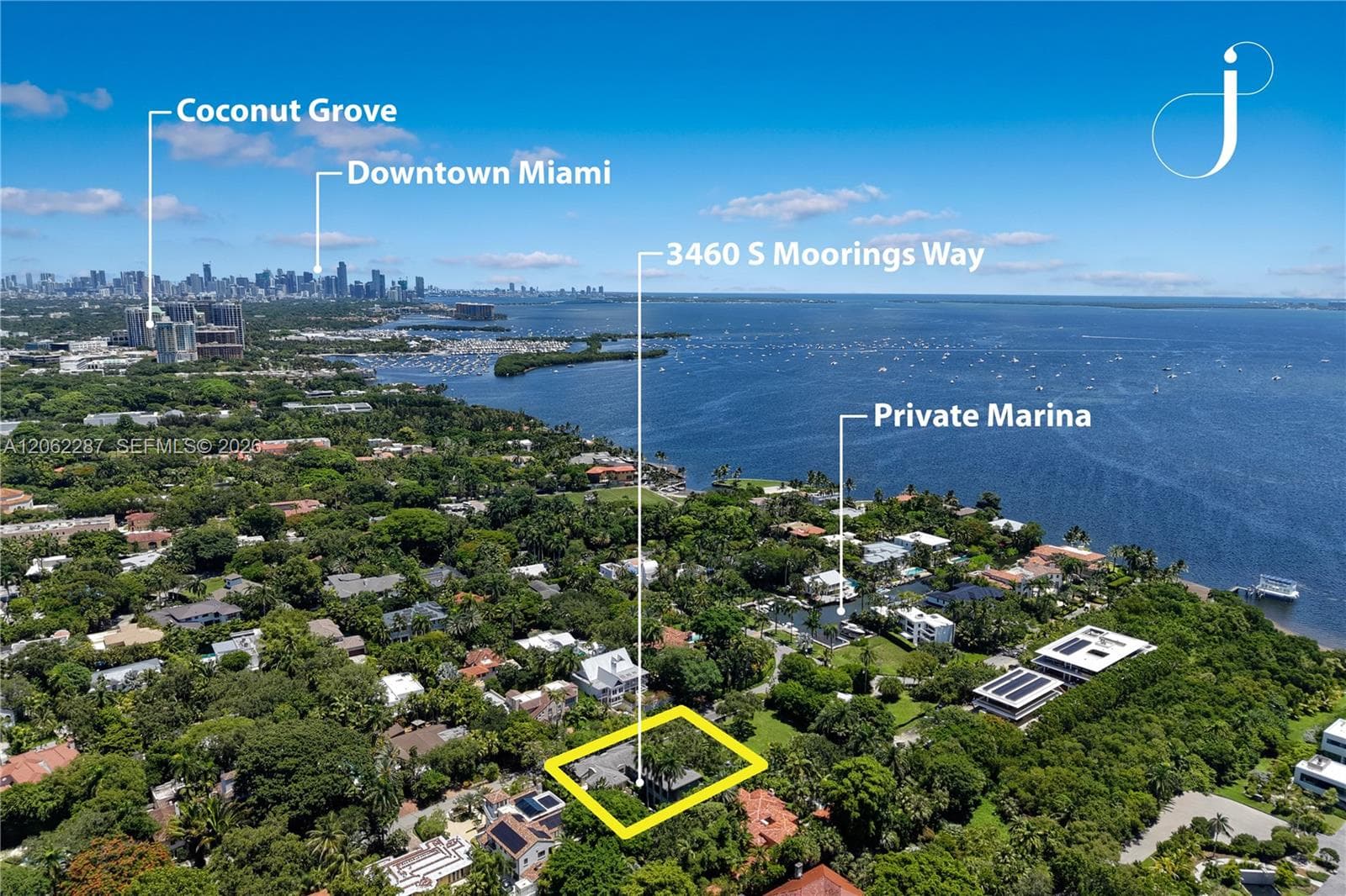 Aerial perspective highlighting coastal positioning with proximity to a private marina, Coconut Grove, and the Downtown Miami skyline