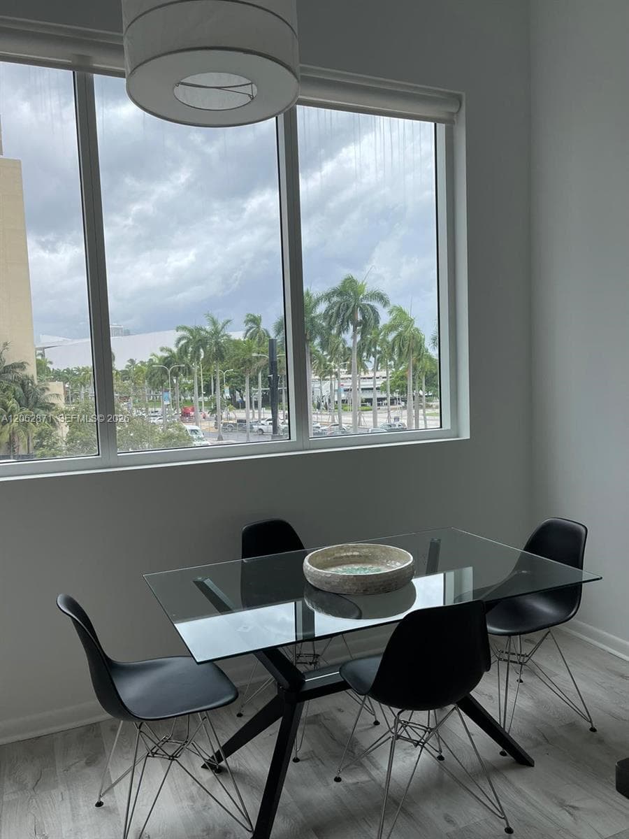 Dining room with high ceilings