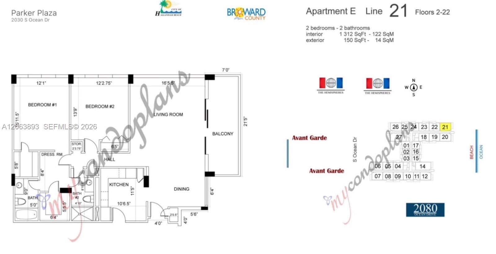 TYPICAL CORNER 2 BEDROOM 2 BATHROOM FLOOR PLAN WITH DIRECT OCEAN TERRACE