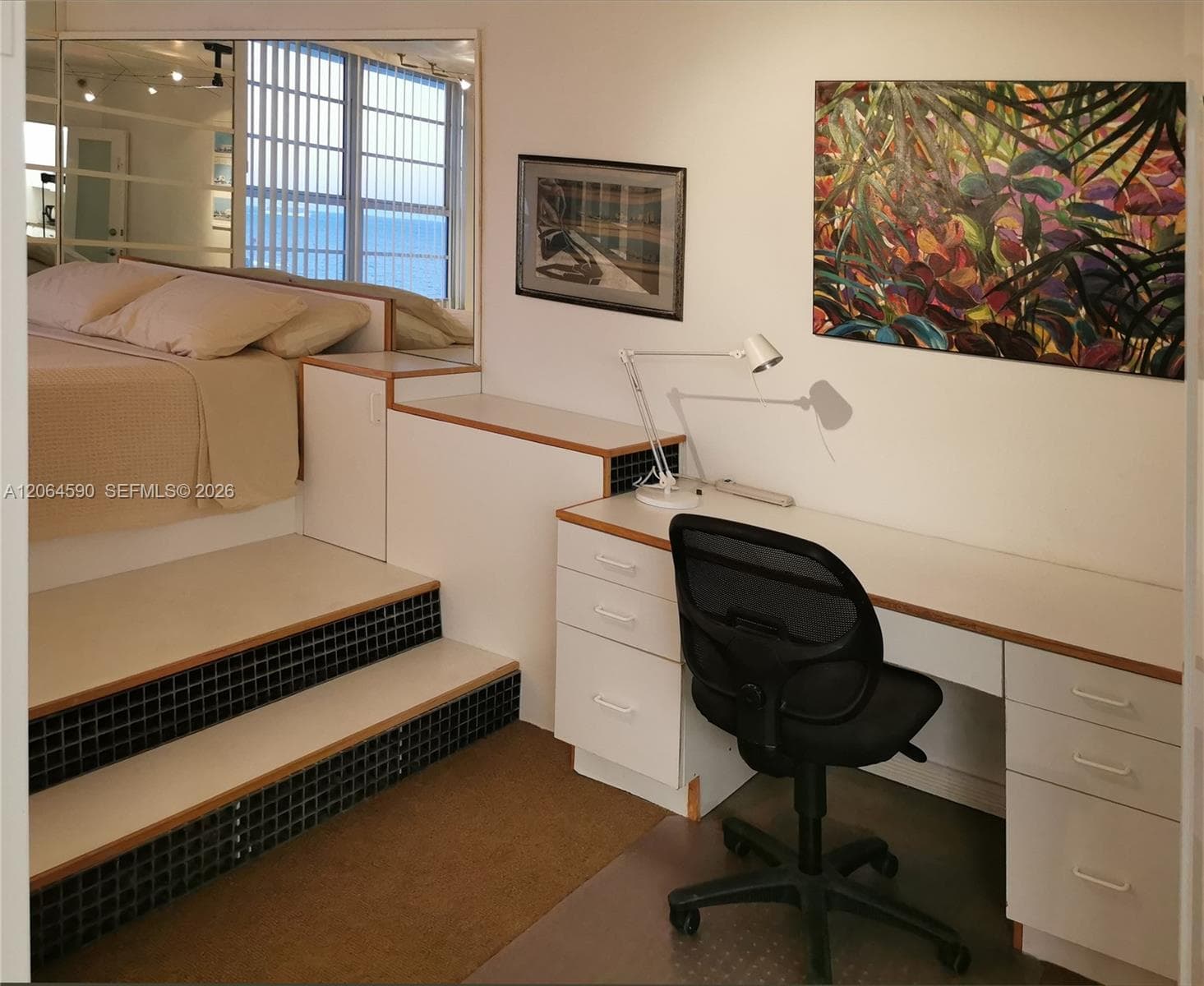 Custom desk and custom platform bed in the bedroom