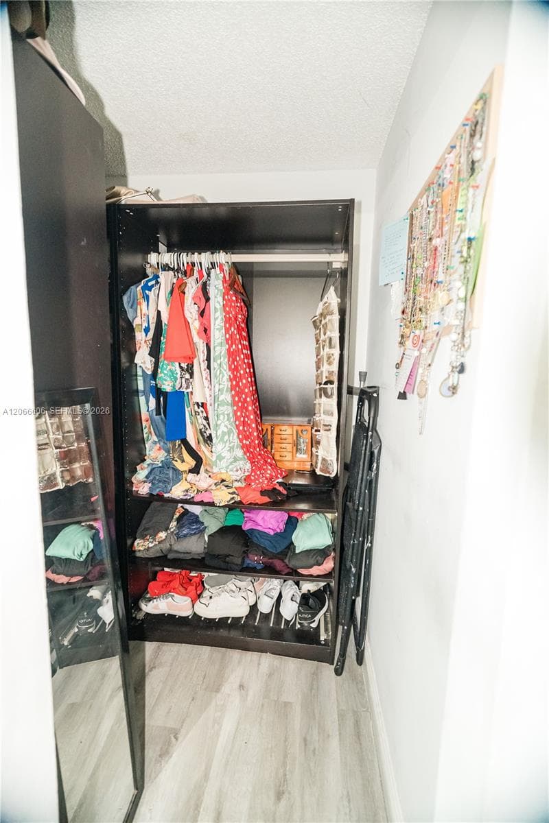 Built-in floor-to-ceiling storage cabinetry featuring open shelving and wood-finish flooring