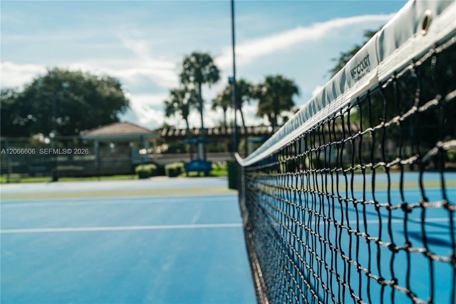Tennis court featuring a blue surface with white regulation court markings and a standard net