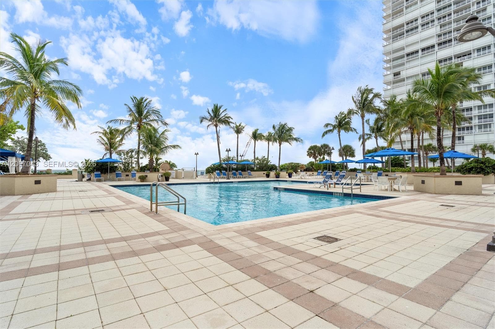 Swimming pool with a paved deck, metal handrails, and mature palm trees