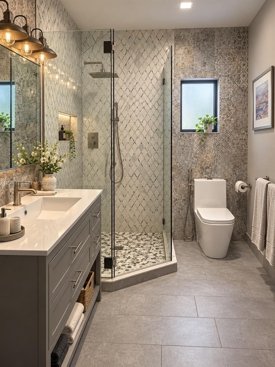 Grey vanity with a stone-composite countertop and integrated sink, glass-enclosed shower with decorative wall tile, river rock shower floor, and wall-mounted light fixtures