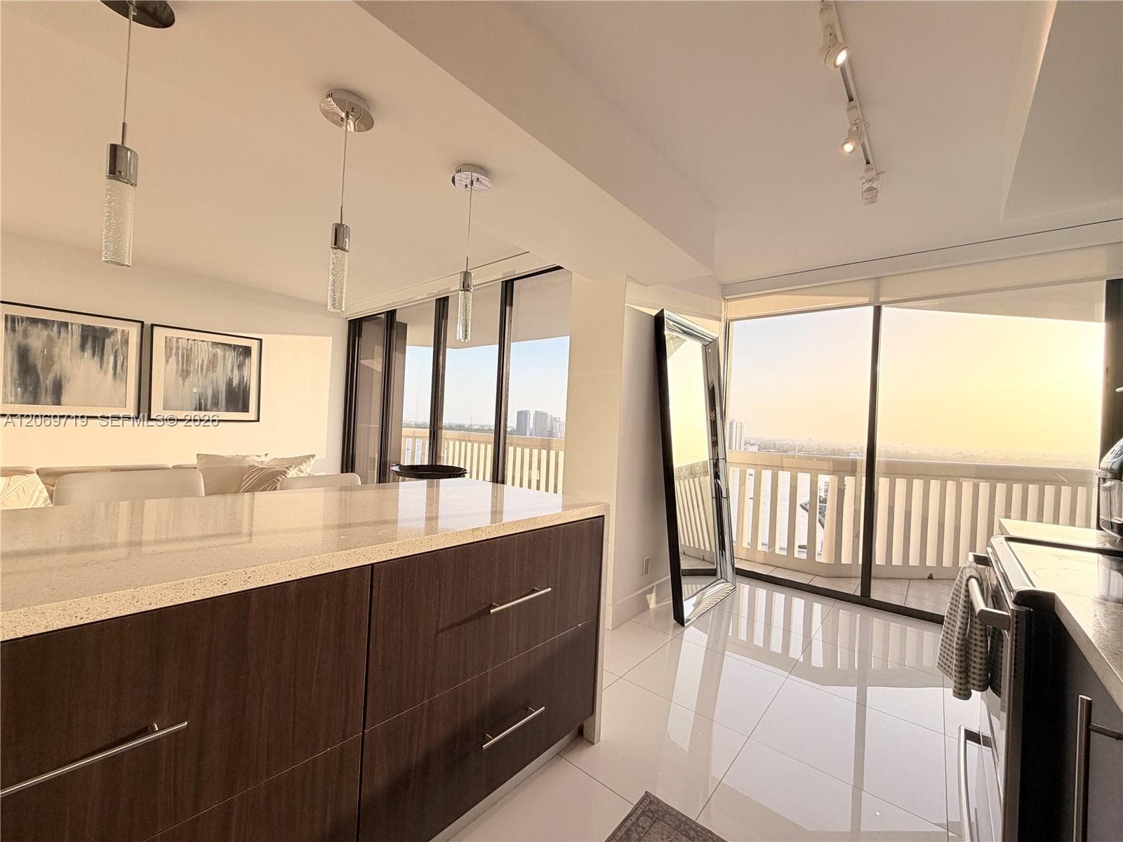 kitchen with view to living room and open countertop