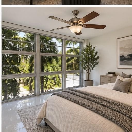 Floor-to-ceiling windows with metal framing, polished tile flooring, and a ceiling-mounted fan with integrated light fixture