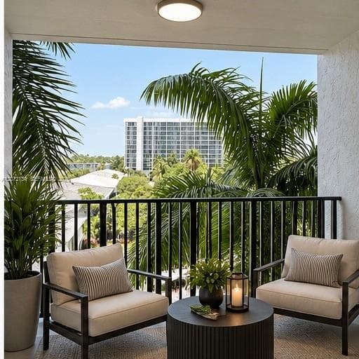 Covered balcony featuring a black metal railing and flush-mount ceiling lighting