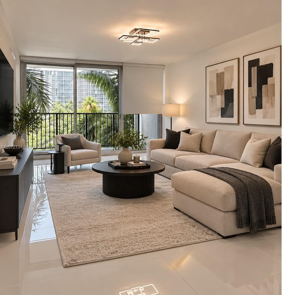 Living area featuring polished tile flooring, geometric LED ceiling fixture, and floor-to-ceiling glass sliding doors opening to a balcony with metal railings