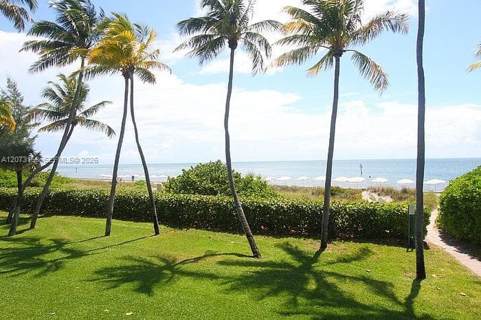 In-ground swimming pool featuring a concrete deck, metal pool ladders, and tropical palm tree landscaping