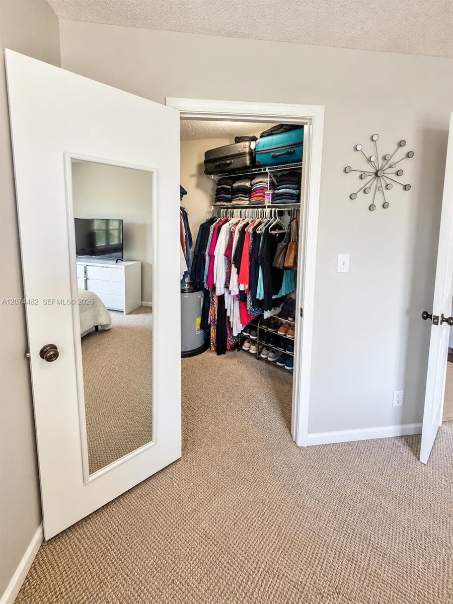 Reach-in closet featuring built-in wire shelving and a mirrored door