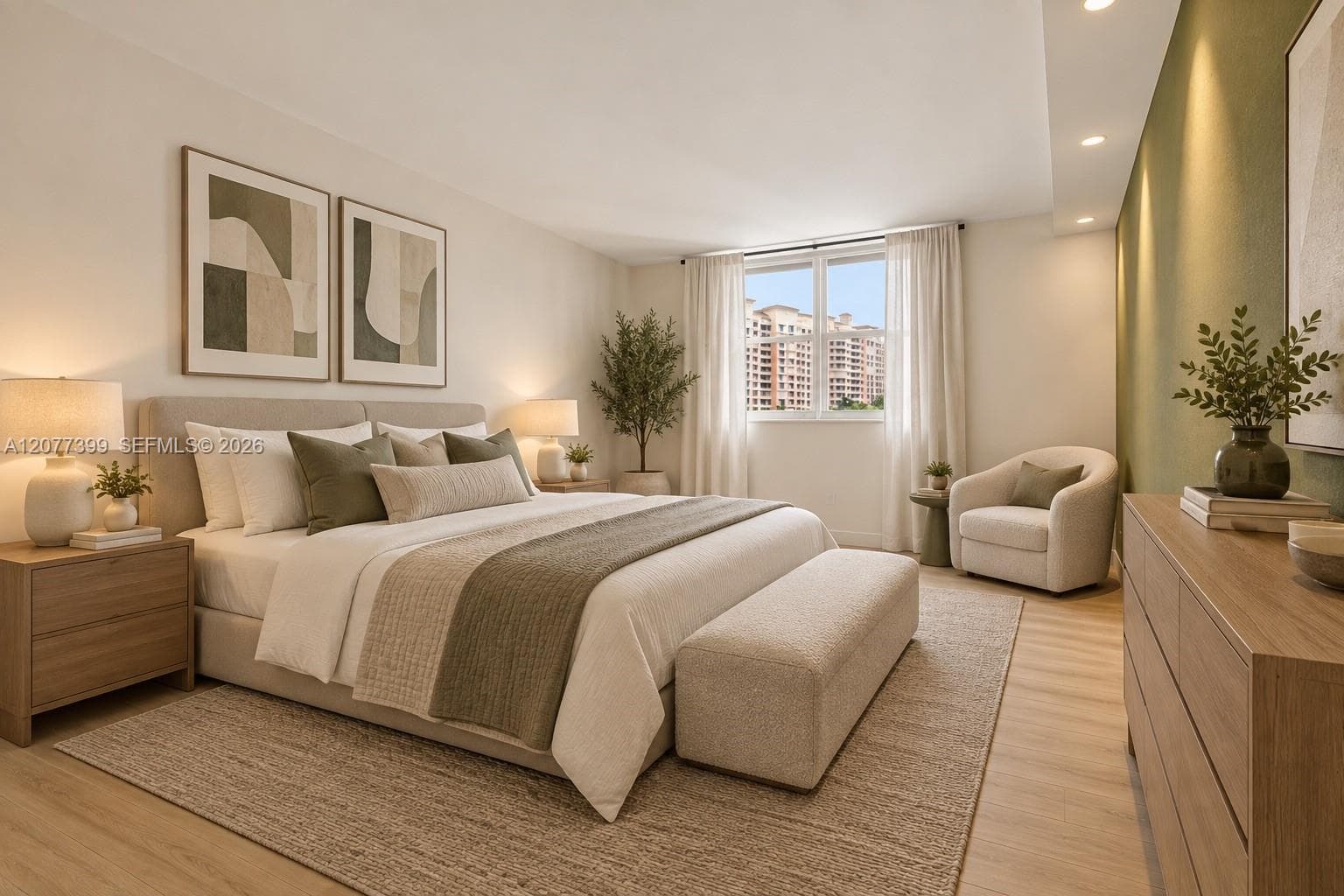 Wood-finish flooring, recessed ceiling lighting, and a distinct accent wall featuring neutral tones. Furniture AI Generated