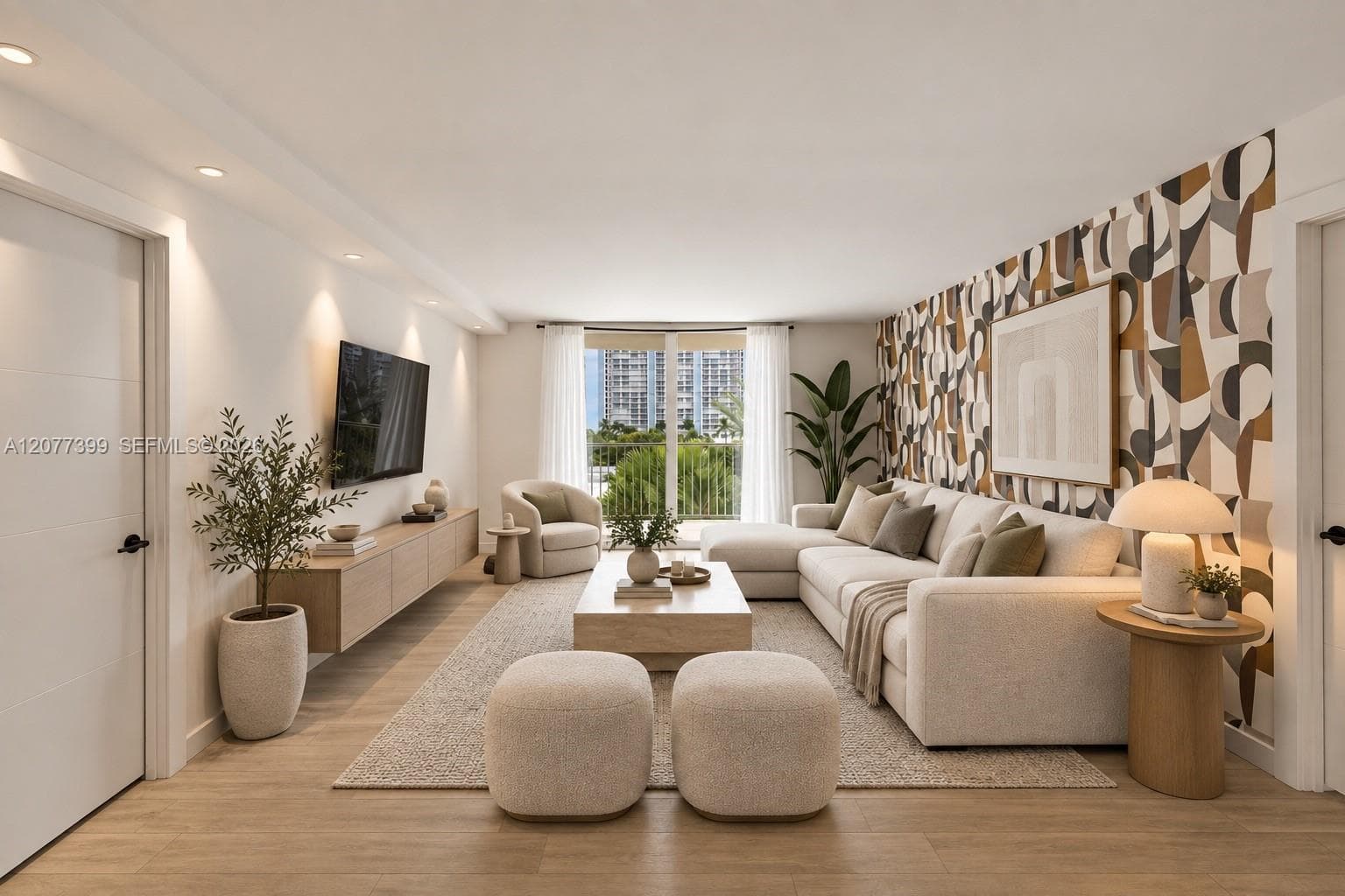 Living area featuring wood-finish flooring, recessed lighting, a wall-mounted wood-finish media console, an accent wall with geometric pattern, and floor-to-ceiling glass panel door. Furniture AI Generated